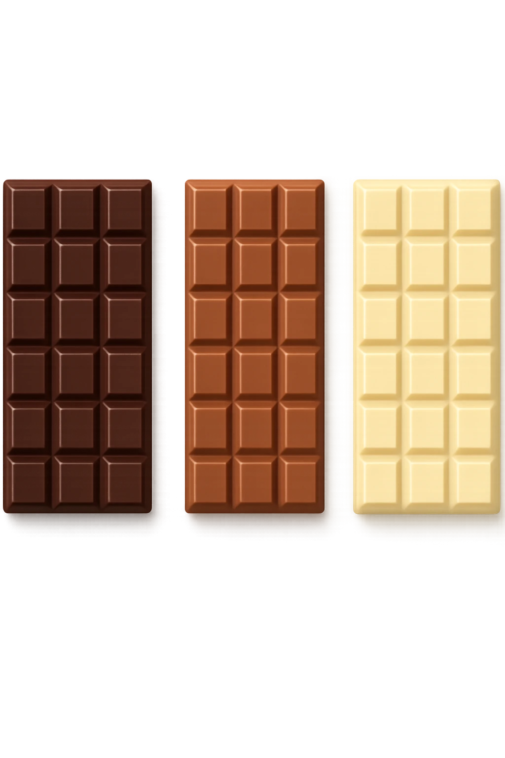 3 emoji stile iphone di BARRETTE DI CIOCCOLATO, UNA FONDENTE, UNA AL LATTE E UNA BIANCA, CON OMBRA REALISTICA, VISTE DALL'ALTO, IPERREALISTICO 4K emoji