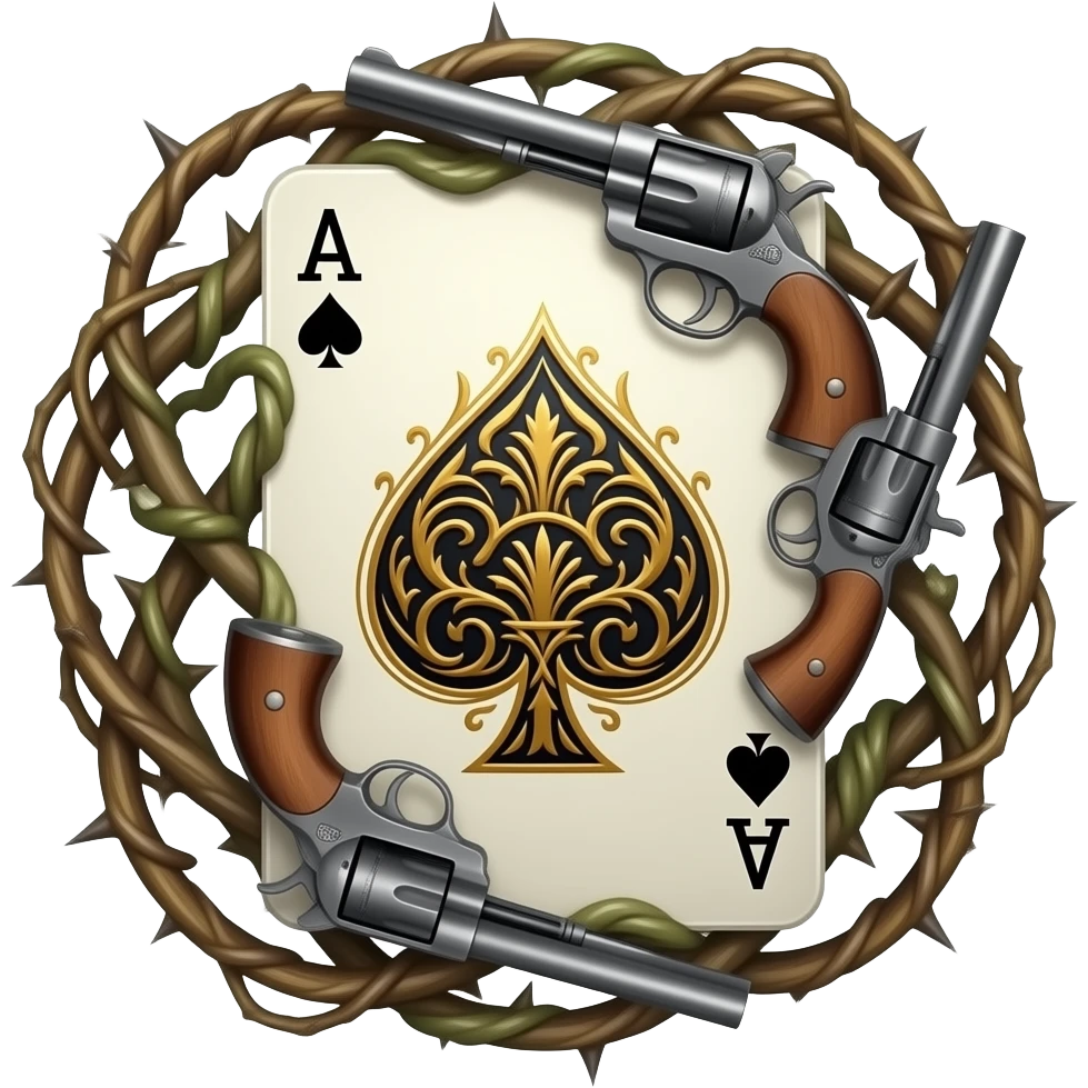 richly ornamented spade ace surrounded by tendrils of thorns and antique 1851 Navy Revolvers emoji