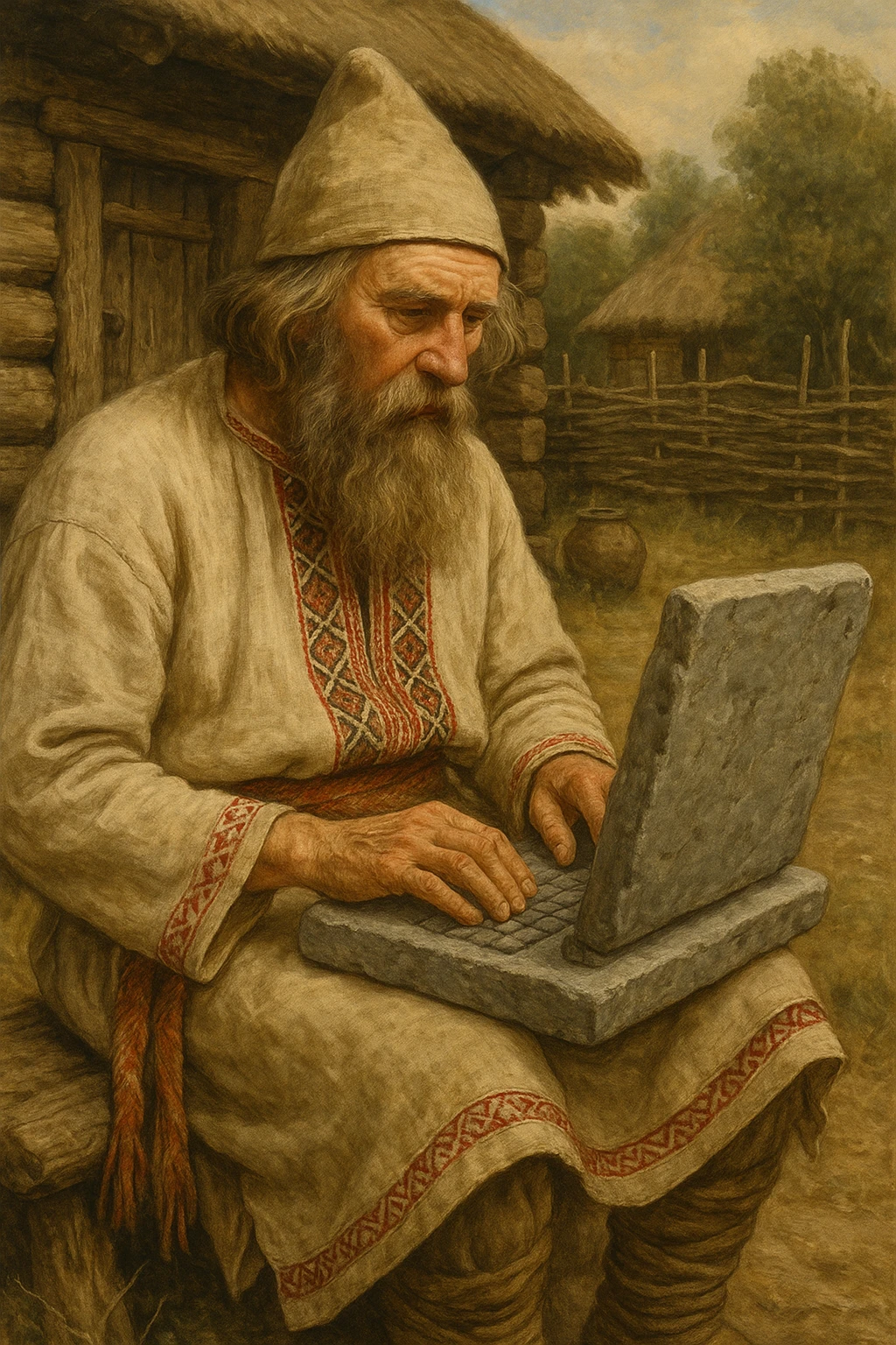 Old Slavic programmer with a stone laptop, wearing traditional Slavic clothing emoji