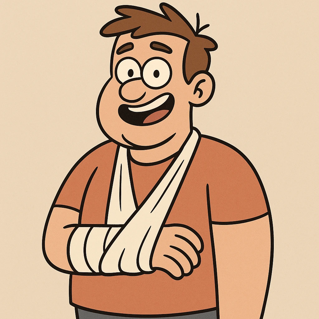 cartoon character with arm in a sling, friendly style emoji