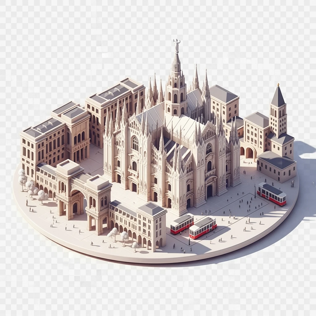 Isometric Milan with the Milan Cathedral (Duomo di Milano), toy-style elements, soft shadows, pastel diorama style, transparent background emoji