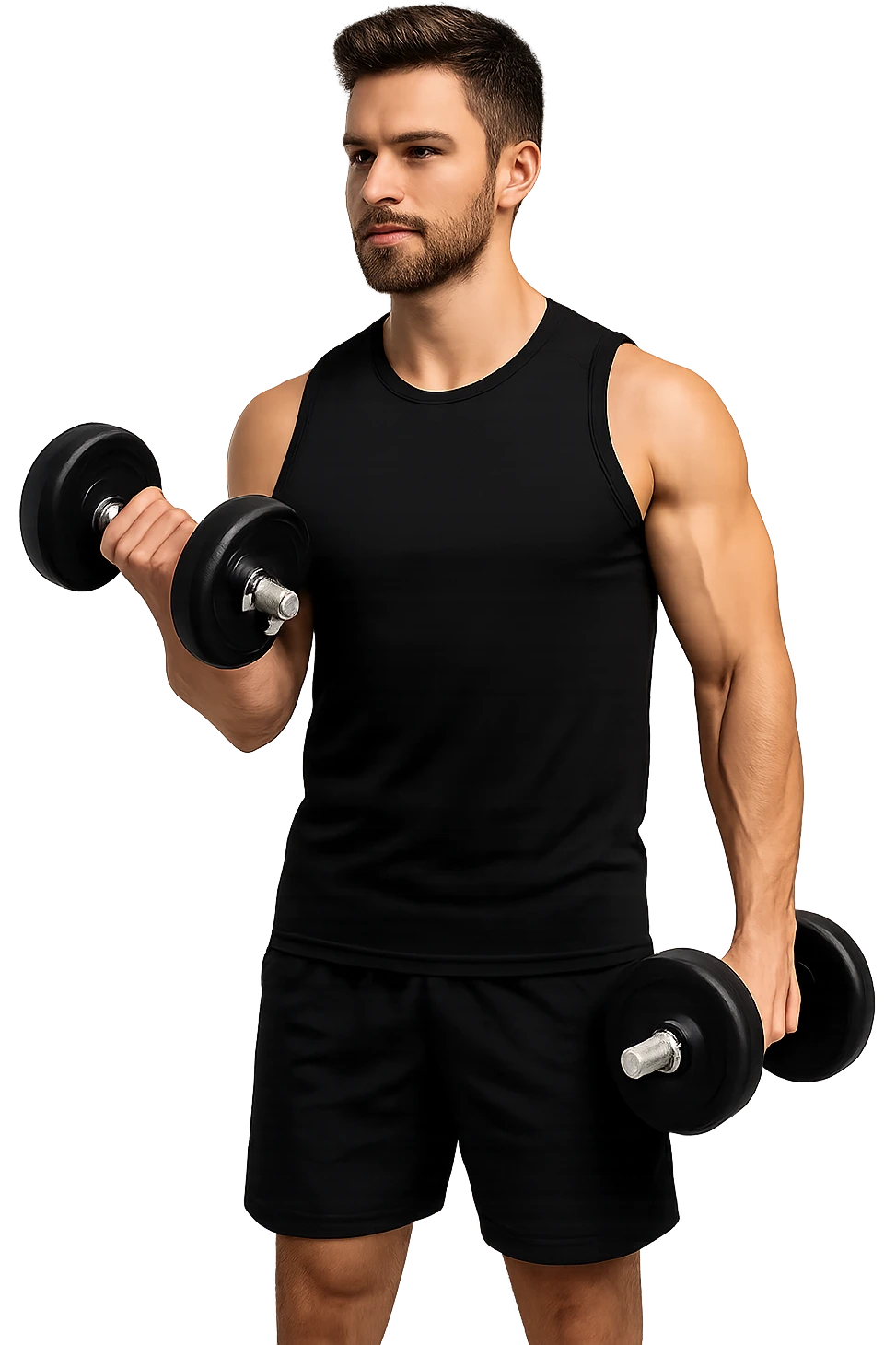 uomo fitness in forma con manubri da palestra in mano, isolata su sfondo bianco emoji