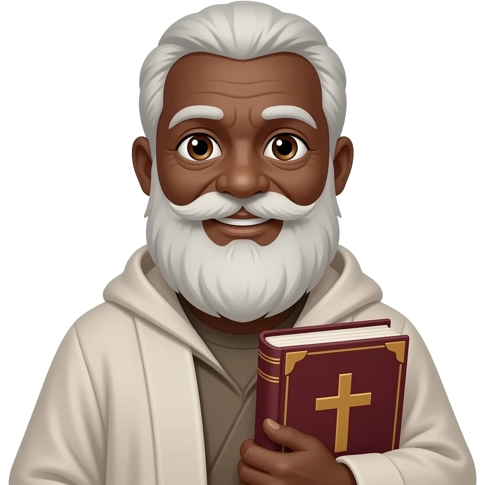 wise old man with grey hair robe friendly brown eyes white beard dark brown skin with burgundy book that has a cross on it emoji