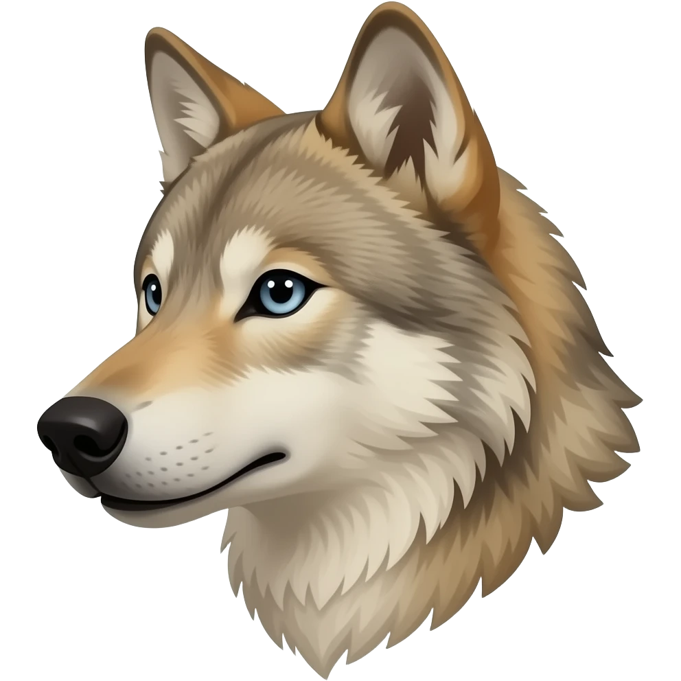 A little bit realistic handsome scary royal aggressive face Adult alpha male Beige wolf head very realistic Turn sideways light blue gray eyes emoji