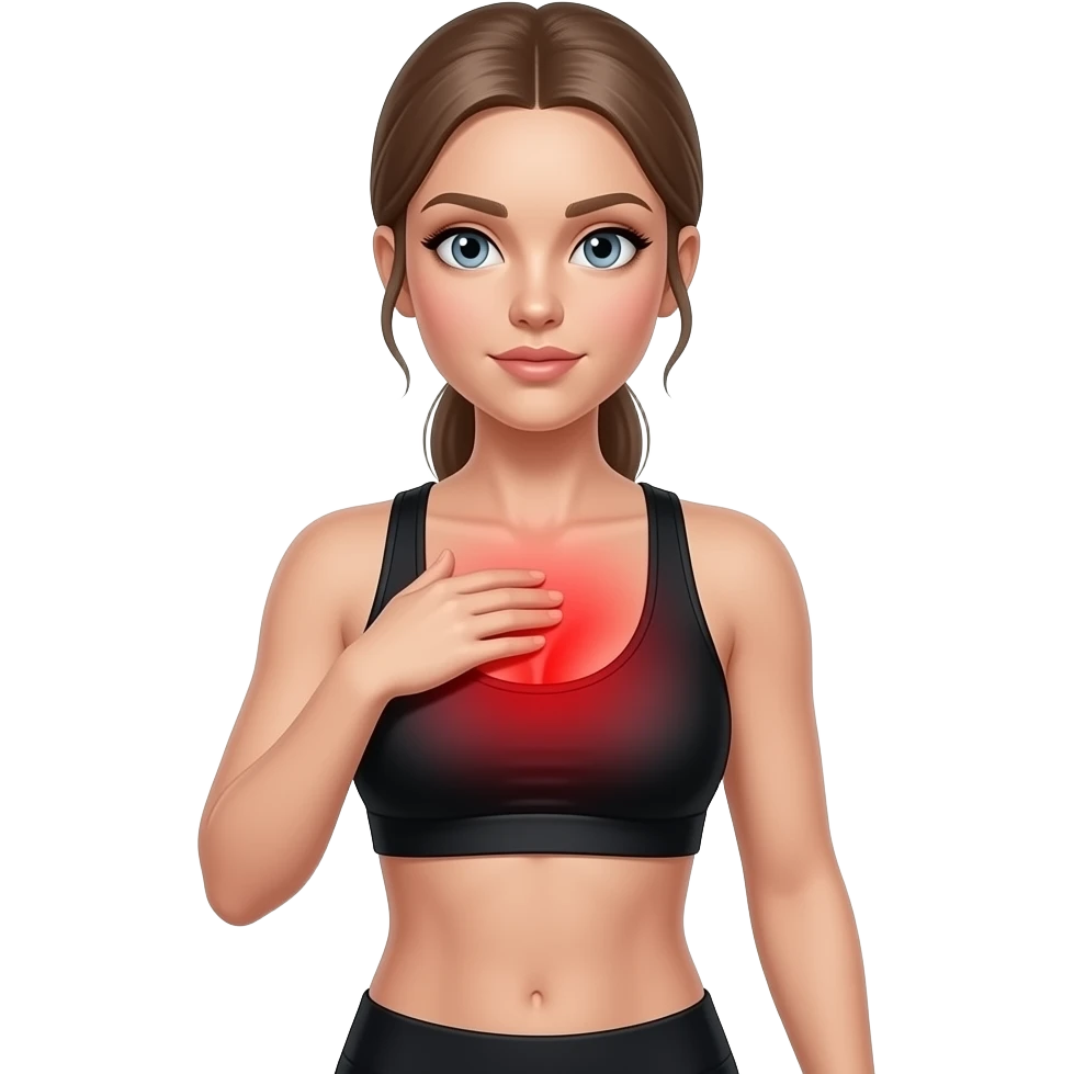 chest tension, full red glow covering the entire chest area, woman touching upper chest, fair-skinned woman, gray-blue eyes, ash brown brows, ash light brown hair tied back, slim athletic body, black workout set emoji
