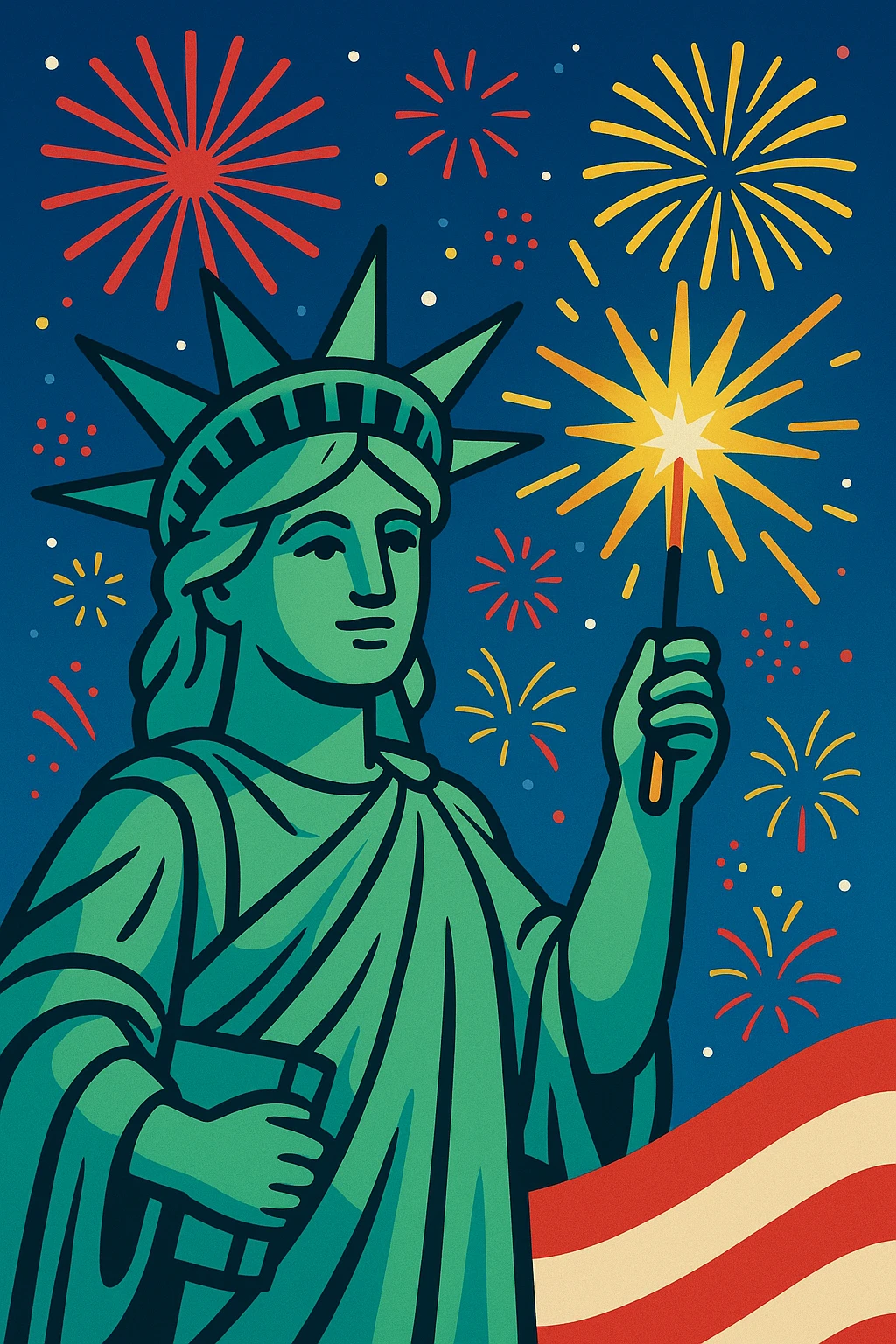 Statue of Liberty holding a sparkler, 4th of July, festive, colorful emoji
