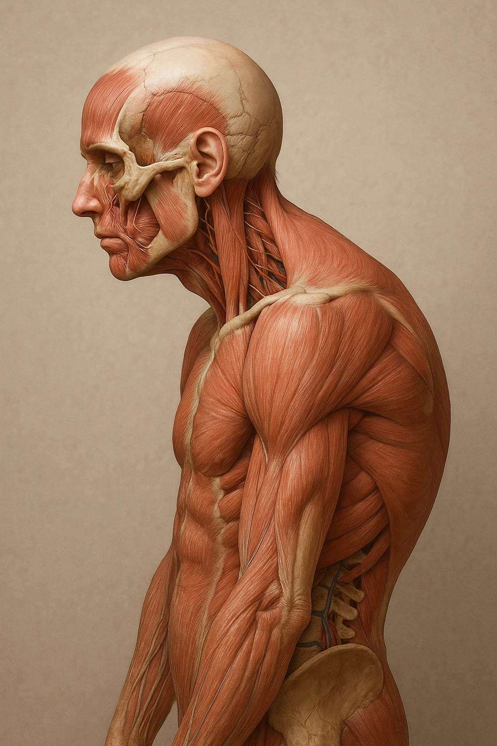 corpo UMANO ANATOMICO di profilo con spalle chiuse in avanti, postura errata, iperrealistico 4k emoji