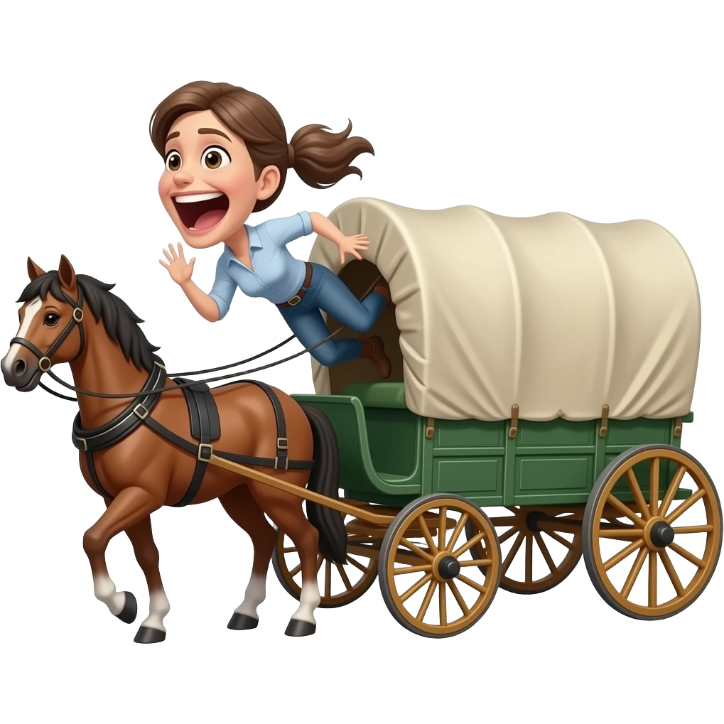 Woman falling out of a horse drawn covered wagon emoji