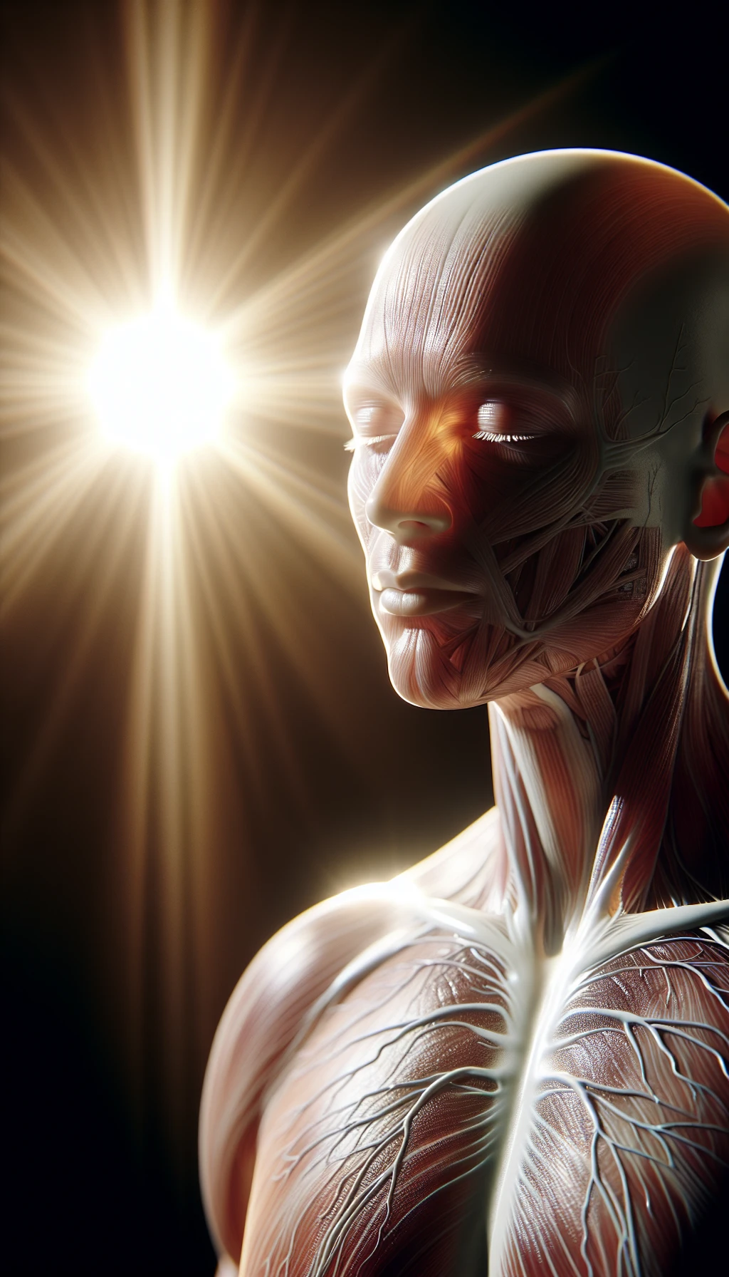 un corpo umano anatomico è illuminato dalla luce del sole e ha gli occhi chiusi in un espressione serena, l'immagine rappresenta l'importanza del sole e i suoi benefici sul corpo umano, iperrealistico 4k emoji
