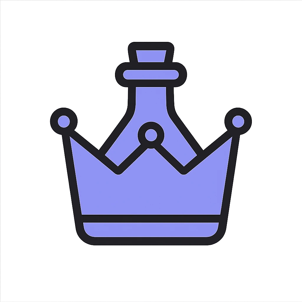 crown-shaped minimalist elixir bottle, color #7986cb, simple clean design, very small neck, seamless bottom, floating in air, no base or shadow, modern, matching a collection emoji