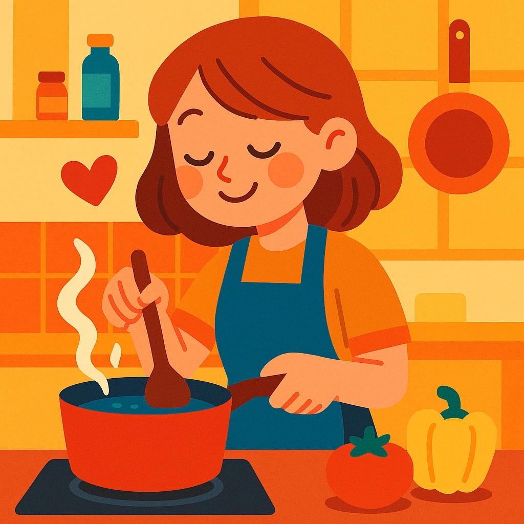 a girl cooking with a loving expression, daily routine, warm and happy atmosphere emoji
