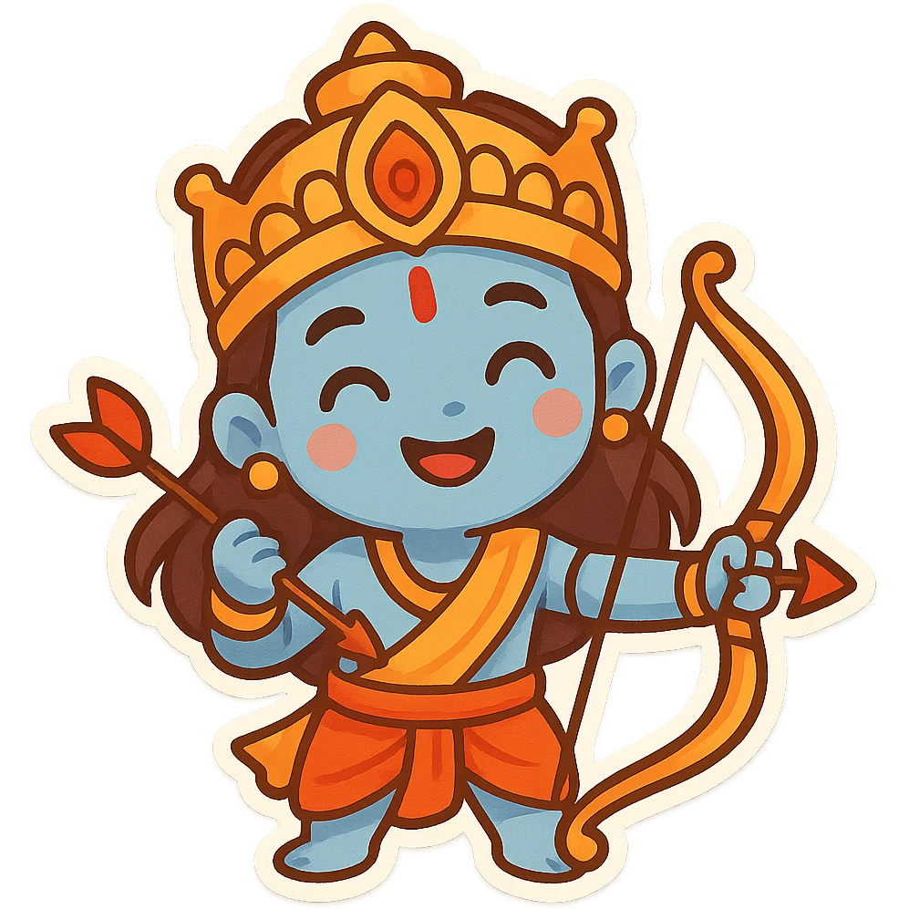 Lord Srirama cartoon style, smiling, holding a bow and arrow, crown, bright colors, playful look emoji