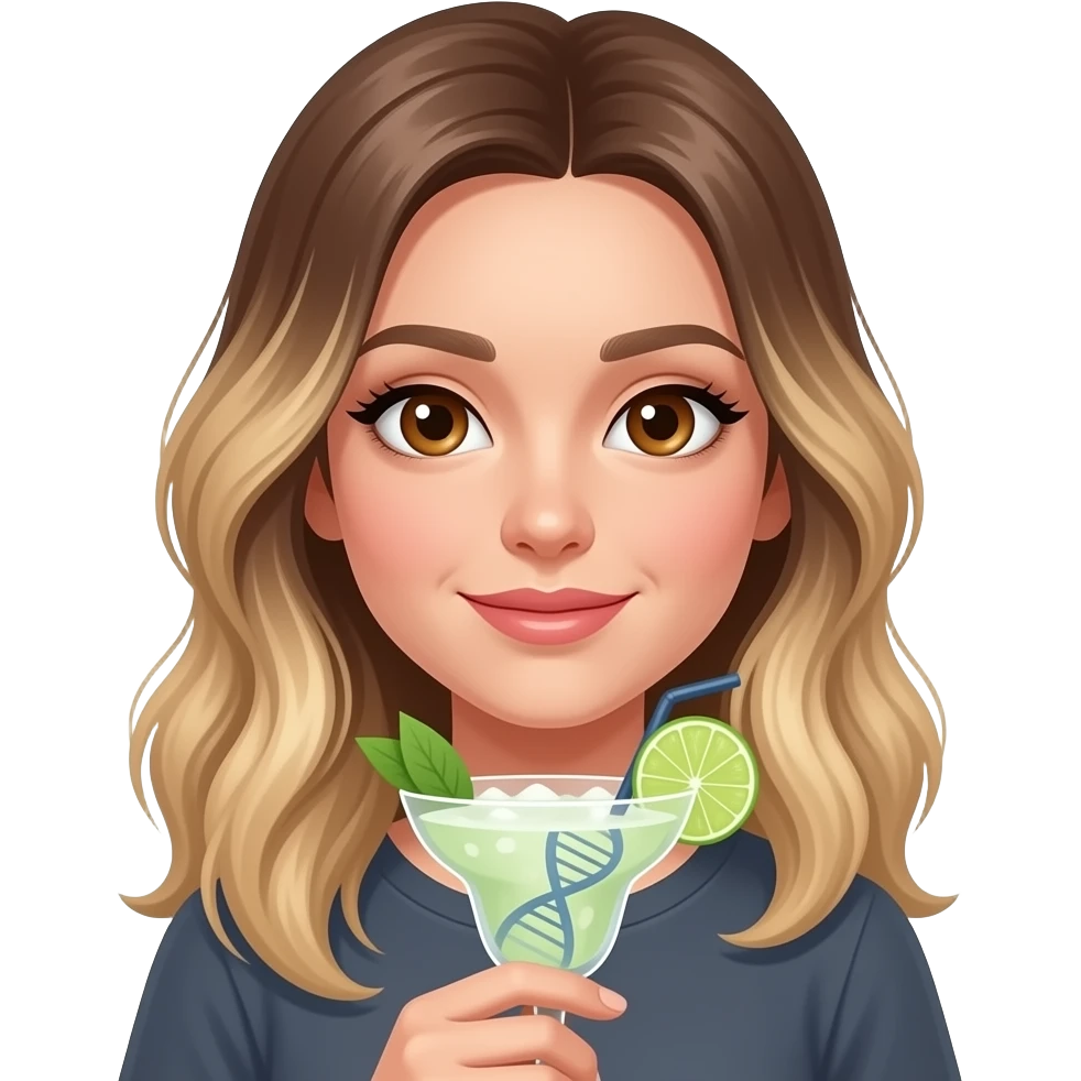 White girl with brown eyes balayage bronde hair and holding a margarita add 🧬 emoji