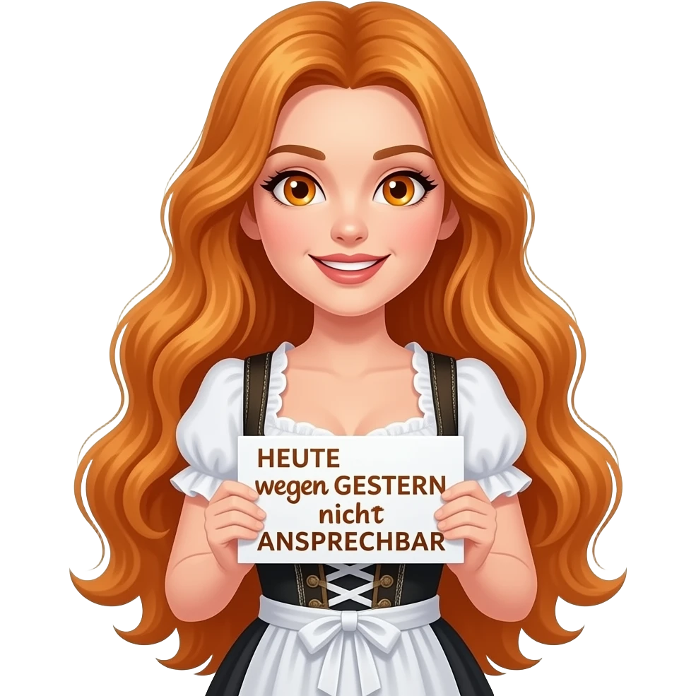 sexy girl with overlong ginger hair and ginger eyes wearing a dirndl holding HEUTE wegen GESTERN nicht ANSPRECHBAR sign emoji