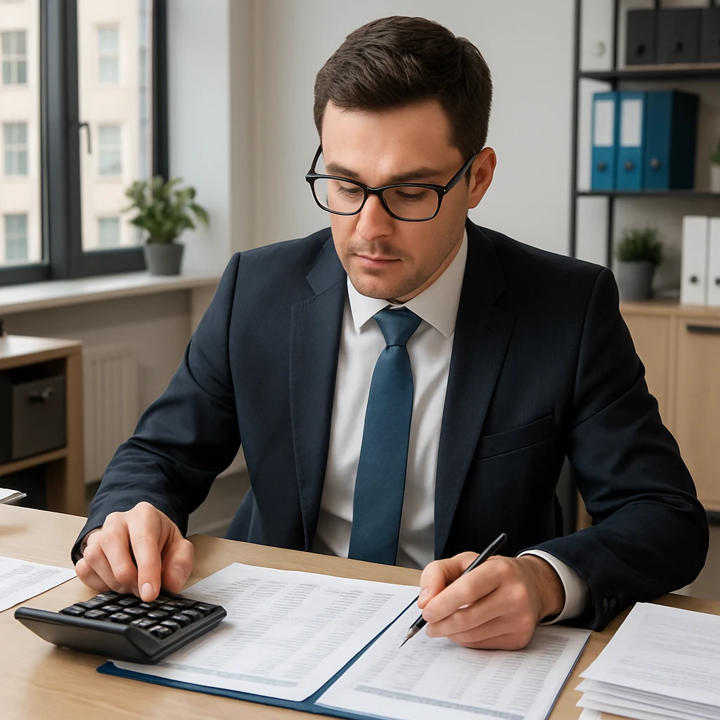 a working accountant, professional, at a desk, with calculator and paperwork, business attire, detailed office environment emoji