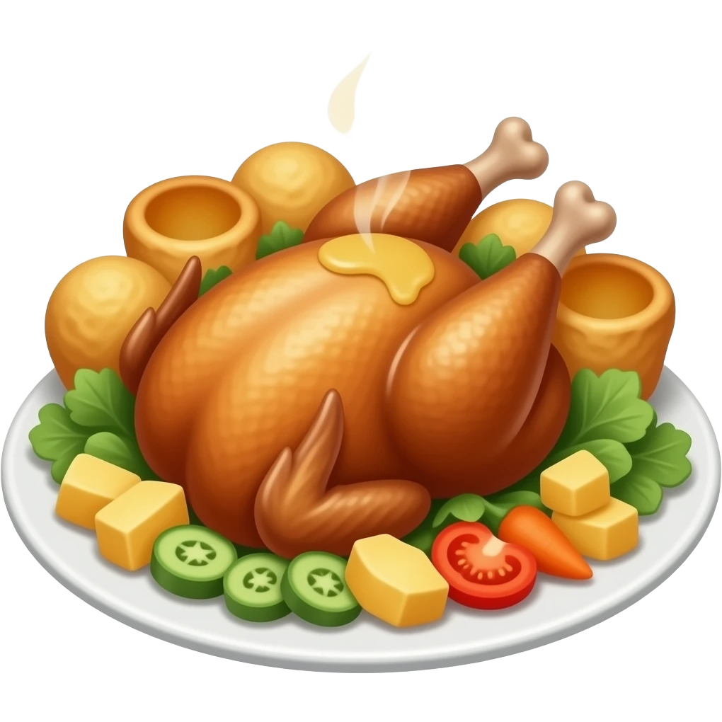 realistic -- roast chicken, yorkshire pudding, vegetables, gravy on top emoji