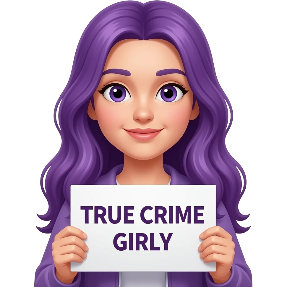girl with long purple hair with a TRUE CRIME GIRLY sign emoji