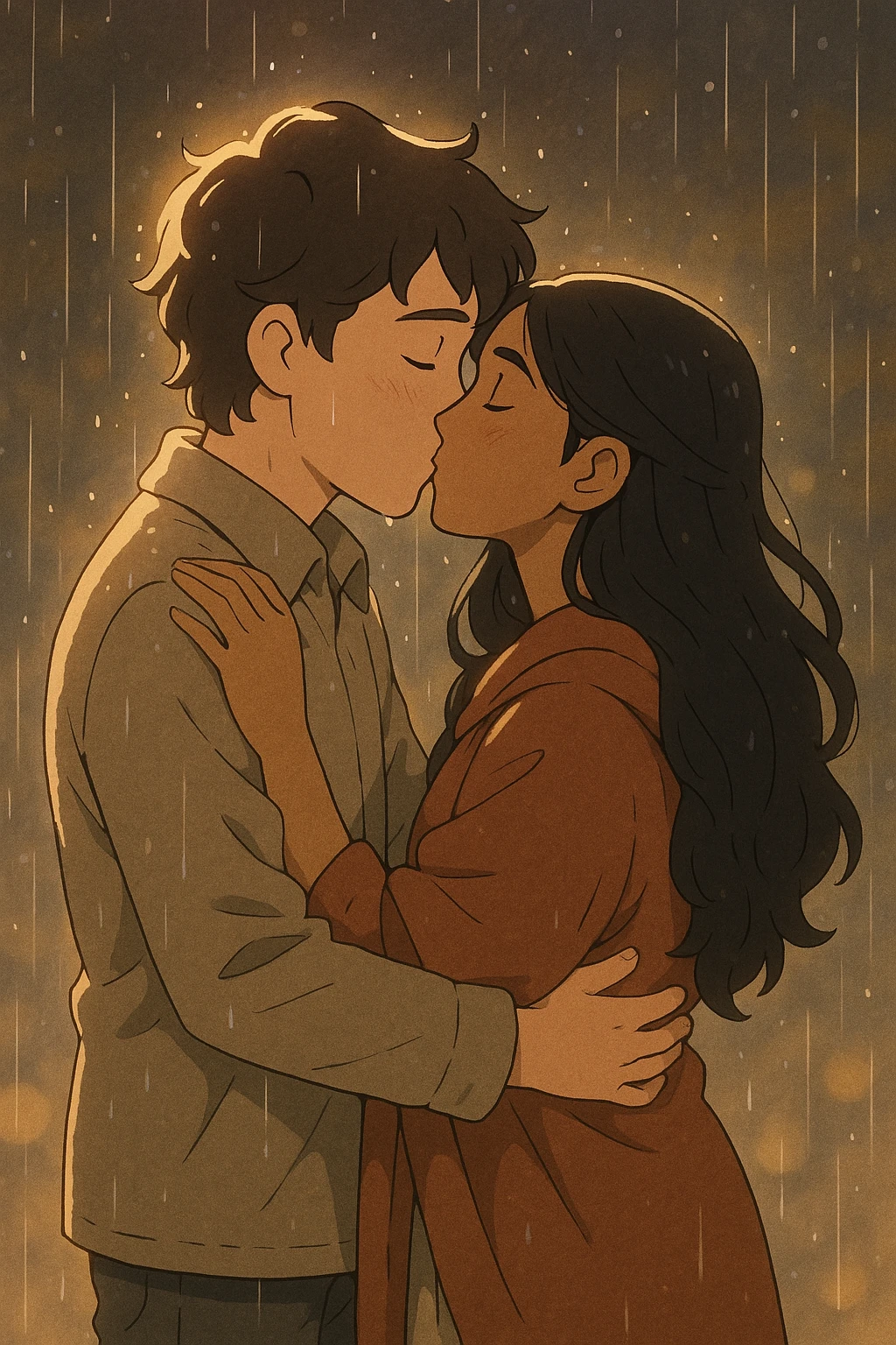 Joel and Madhu in a loving embrace, kissing softly in the rain, magical atmosphere with gentle rain and soft lighting, Ghibli style capturing warmth and romance. emoji