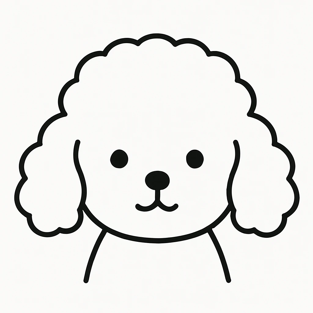 minimalist kawaii line art of a poodle-like dog's head with a large, round, fluffy head and puffy, curly ears hanging down on each side, resembling a poodle. facial features are extremely minimal: two small black dot eyes set wide apart, a tiny round nose, and a simple curved mouth like an upside-down 'Y'. thick, clean, bold black lines on a white background. expression is calm and neutral, conveying a gentle, sweet, and peaceful personality. symmetrical, child-friendly, warm and cozy feeling. no colors or shading, just black linework. slight hand-drawn quality but polished and readable, ideal for coloring books or stickers. emoji