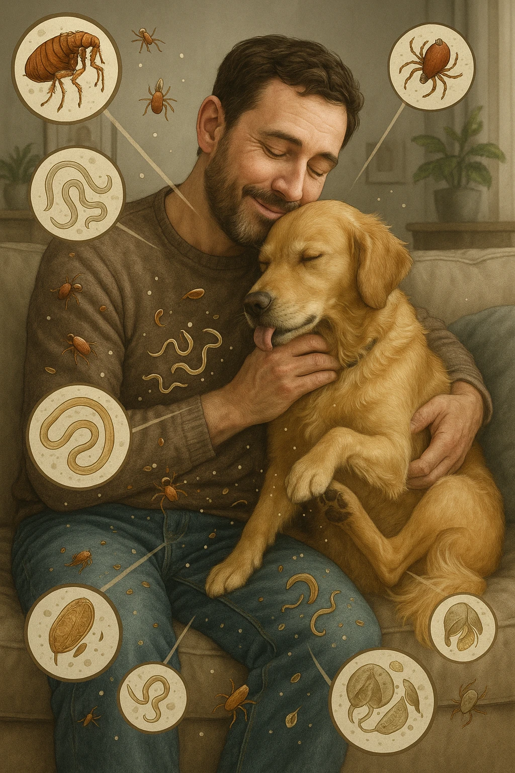 "Man cuddling with his beloved dog on couch, unaware that fleas, ticks, and worms are jumping from pet's fur onto his clothing, microscopic visualization showing roundworms, hookworms, and giardia transferring between species, expression of loving pet owner ignorant of health risks, living room becoming cross-contamination zone, pet's scratching and licking spreading parasites to human environment" in italiano emoji