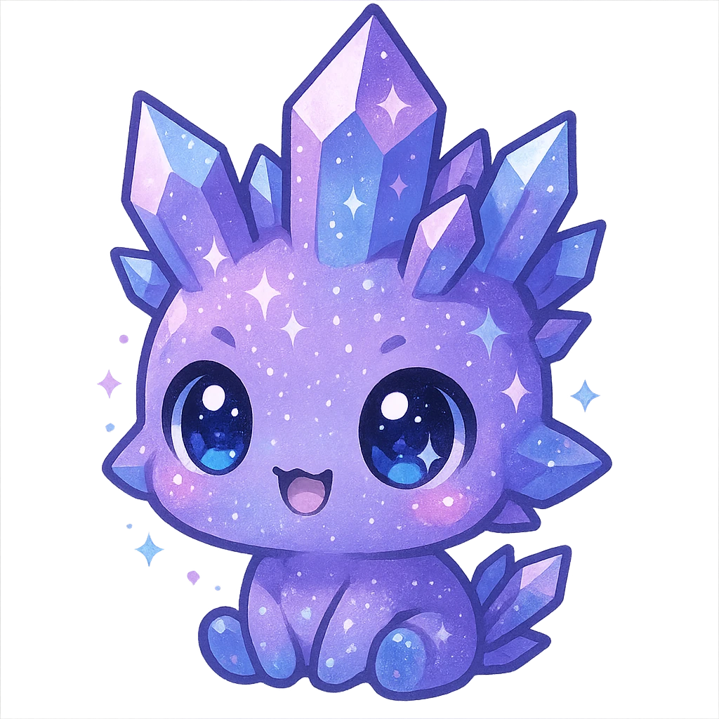 kawaii chibi crystal sprite creature, mostly purple with blue and pink accents, big eyes, sparkly, small body emoji