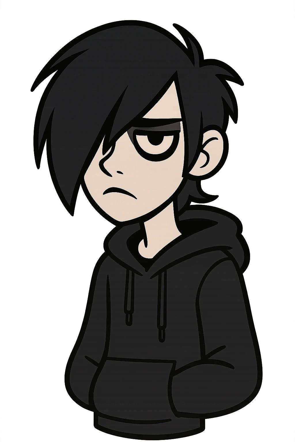 emo teen with dark hair covering one eye, cartoon style, dramatic eyeliner, black hoodie, pale complexion, no background emoji