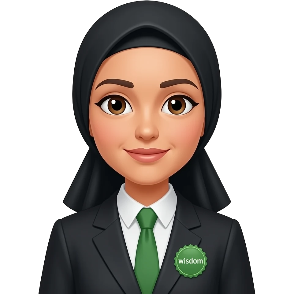 make someone whose name u think might be Alifna, make her wear a green tie, black hijab,, skin peach, make her wear a green colour badge with the this being written "wisdom" emoji