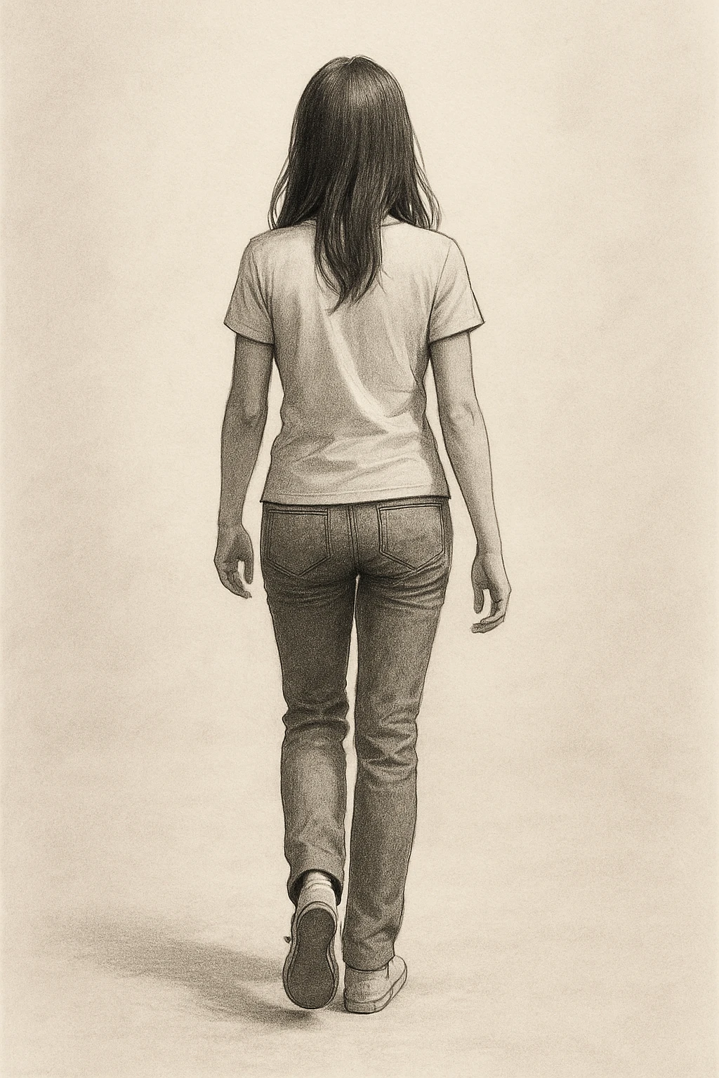 full-length illustration of a girl seen from behind, walking forward, wearing simple clothing, neutral background emoji