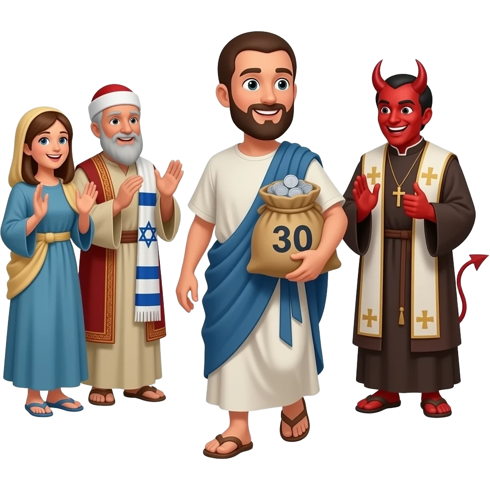 A full bodied short hair man, wearing old clothing from biblical times , holding a sack of 30 silver coins closely to him with a nervous look on his face , walking away from isrealite and religious leaders with satisfied faces and Satan grinning and lurking near by emoji