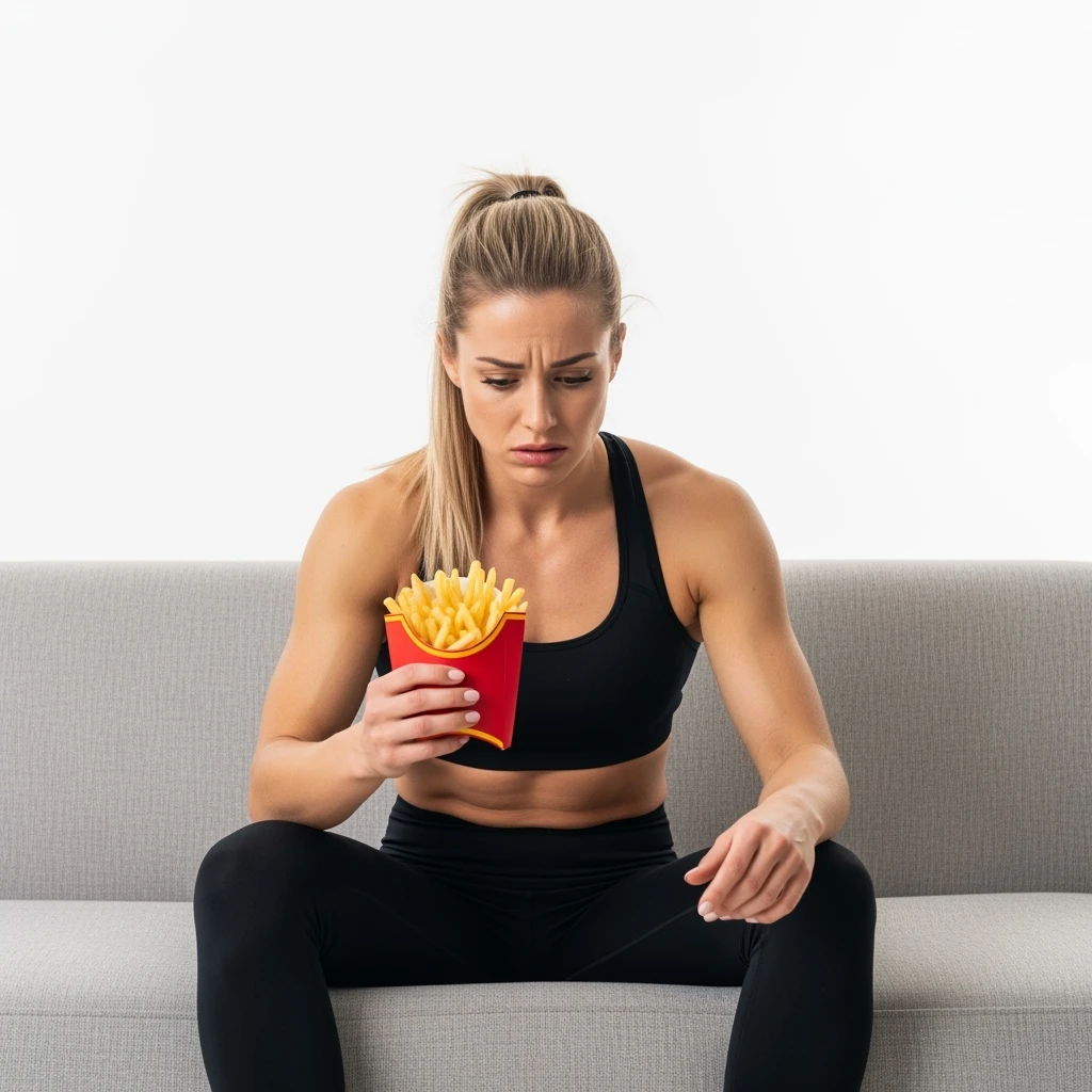 DONNA FITNESS ITALIANA STRESSATA CHE MANGIA PATATINE SUL DIVANO, IPERREALISTICA 4K, ISOLATA SU SFONDO BIANCO emoji