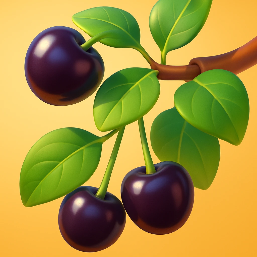 Make the image square. Add maximum volume to the berries and leaves, making them cartoonish with expressive light and shadow. Use a modern 3D iOS cartoon style with a clean background. emoji