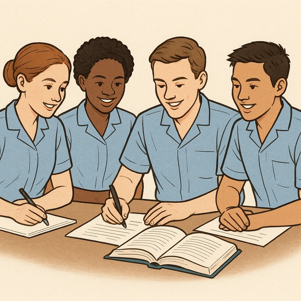 four nursing students working together, short-sleeve nurse uniforms, no stethoscope, clear and professional illustration style emoji