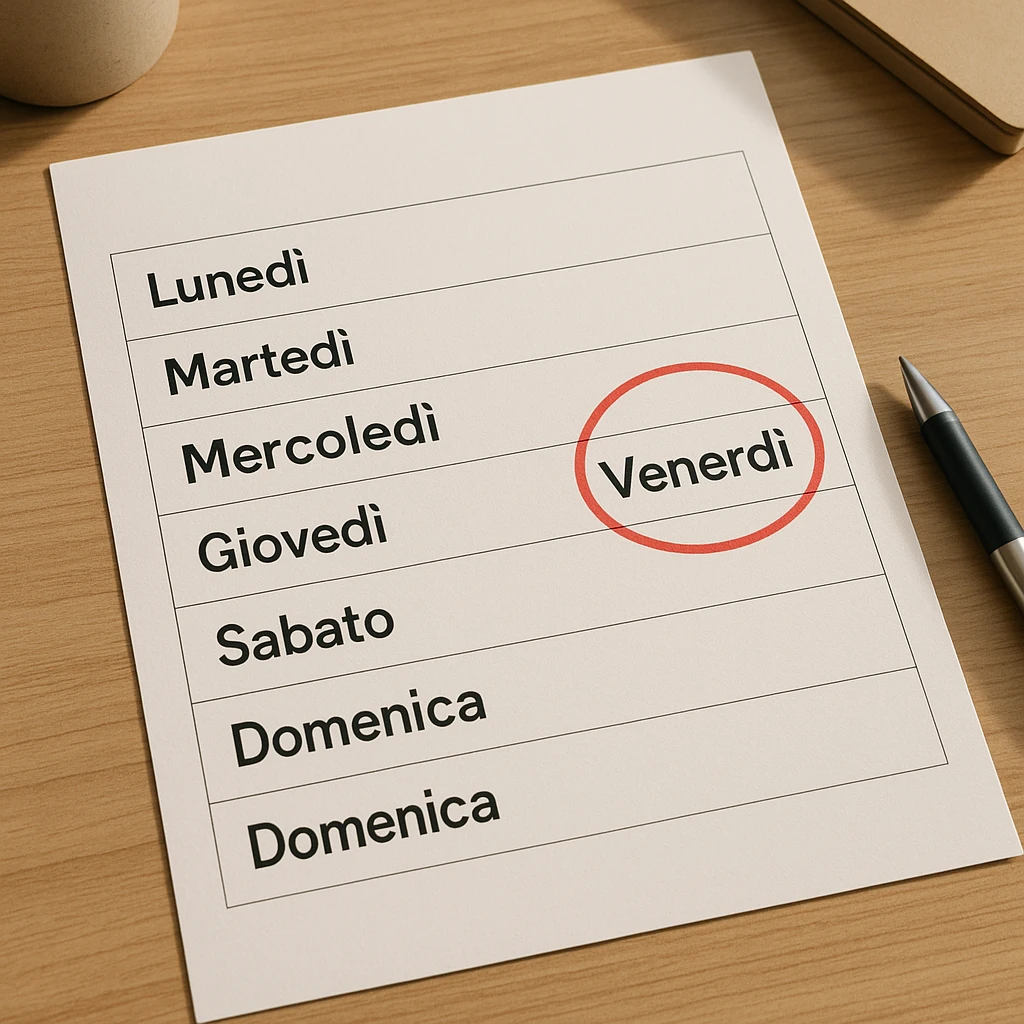 weekly calendar sheet viewed from above, days written in Italian from Monday to Sunday, Friday circled in red, hyperrealistic style, 4K details, desk atmosphere emoji