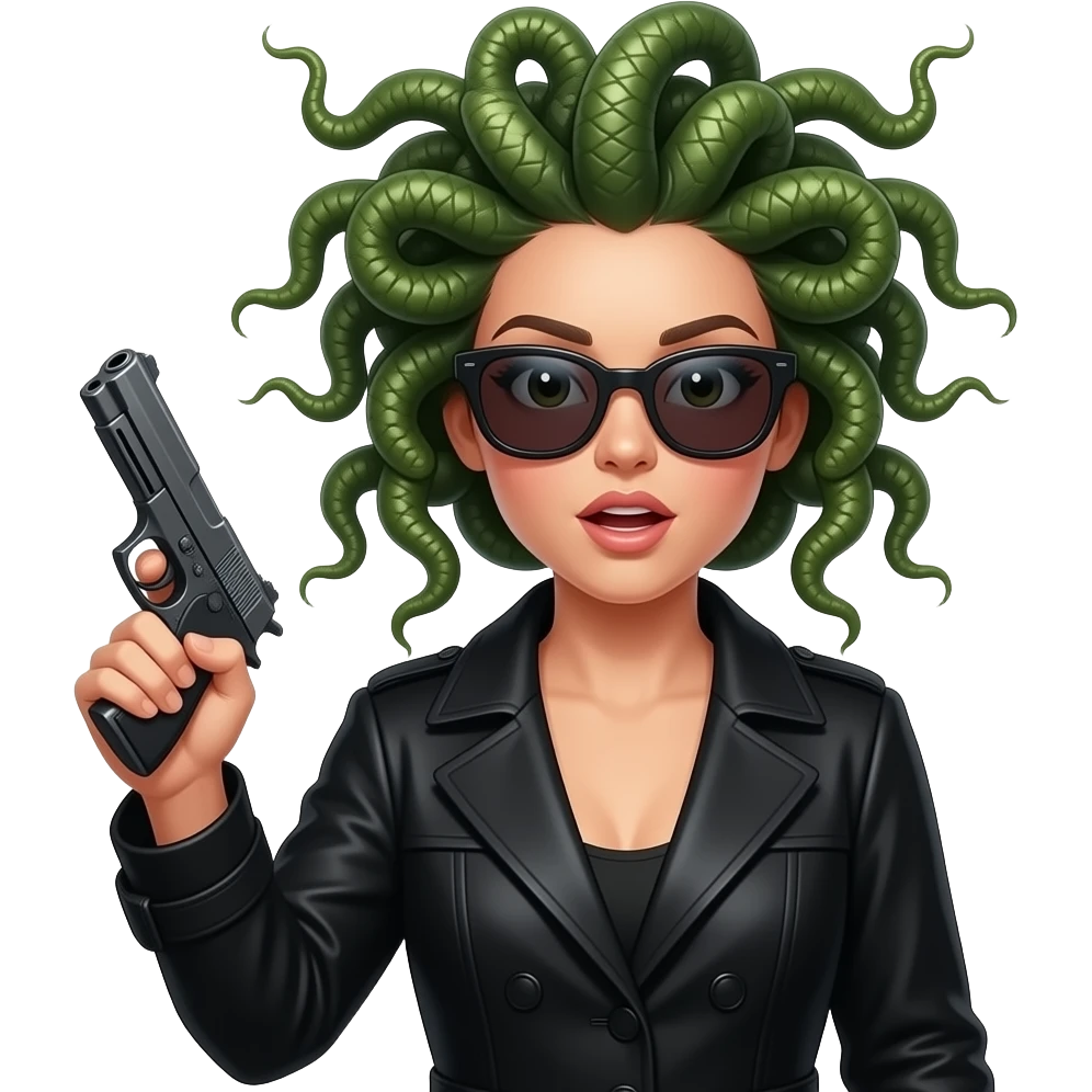 Surprised beautiful female Medusa in black coat with sunglasses holding gun emoji