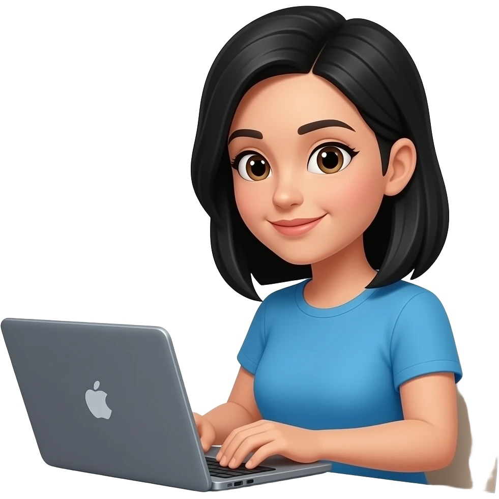 apple genmoji style image of a female developer with black decent hair working with a laptop emoji