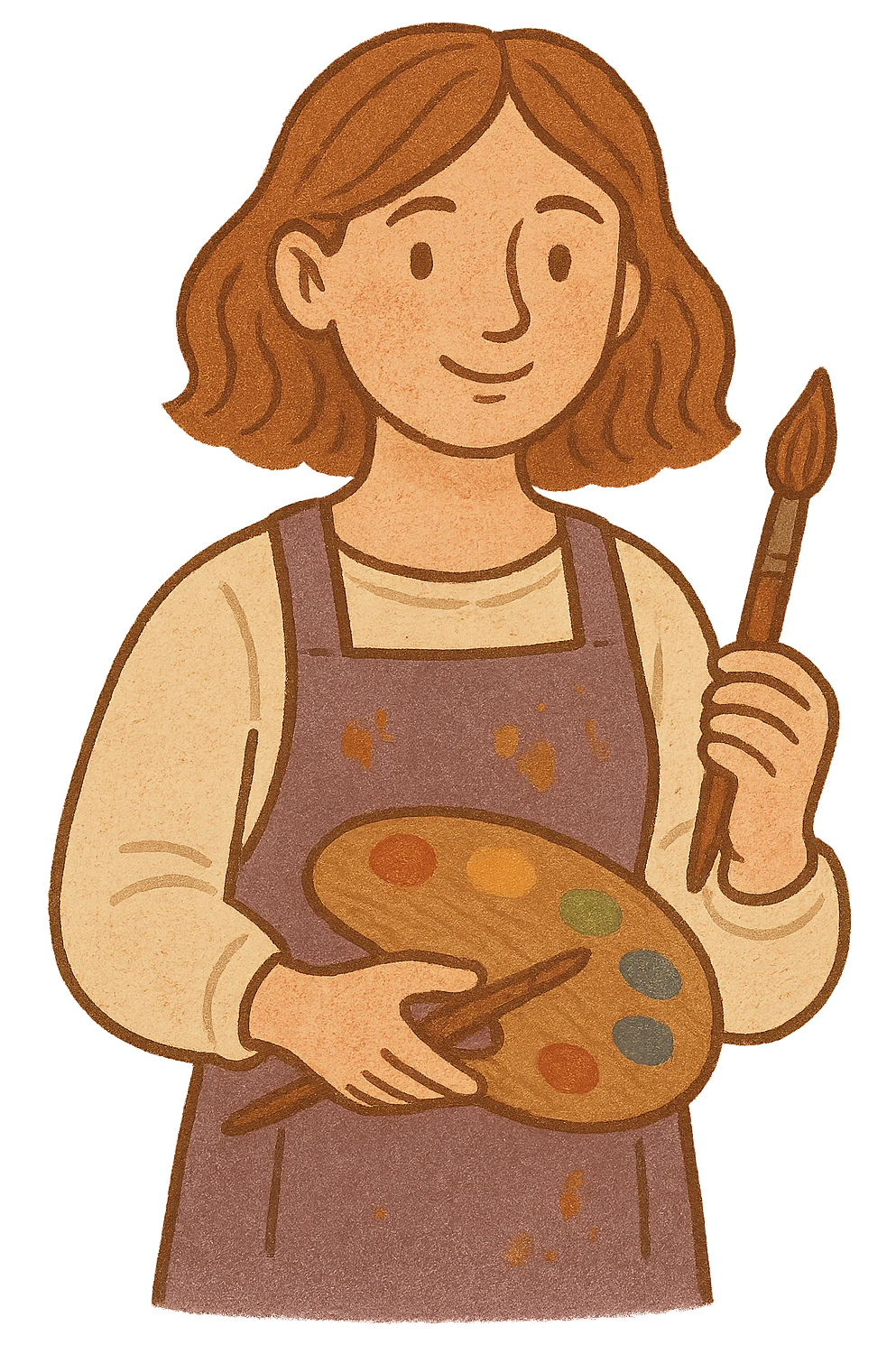 Serene female oil painter, Caucasian features, shoulder-length auburn hair, soft brown eyes, gentle smile, wearing a violet painter’s apron lightly stained with paint over a beige blouse, holding a wooden palette with vibrant colors in one hand and a brush in the other, waist-up, front-facing emoji