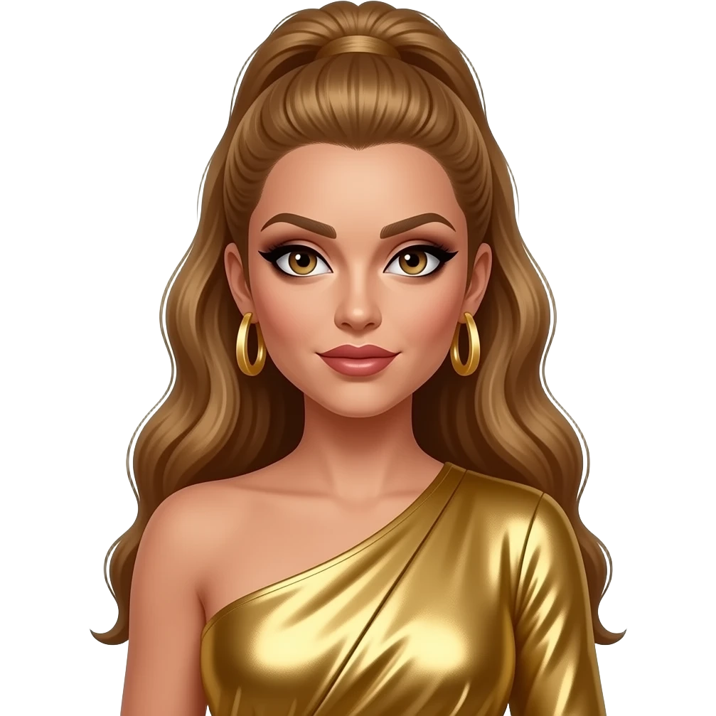 Sasha Fierce from Alter Ego with hazel eyes, long golden brown hair with updo, gold metallic one shoulder dress, gold earrings emoji