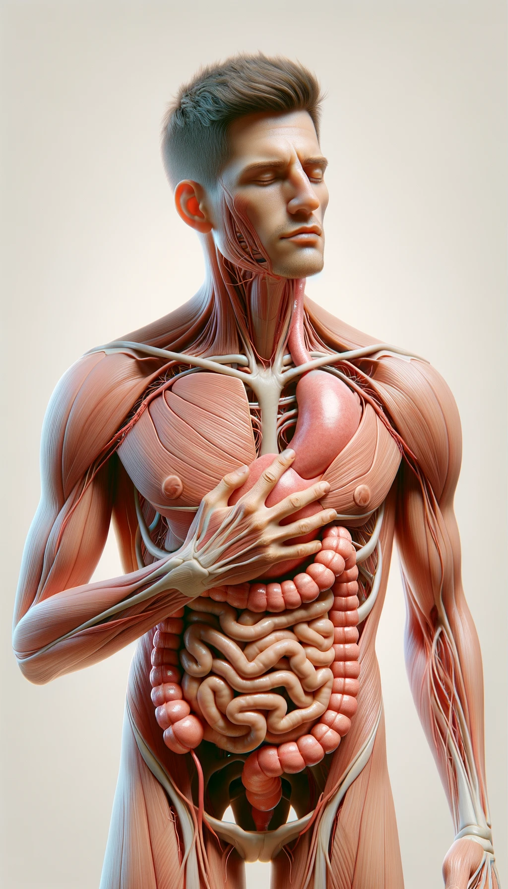 corpo umano anatomico che si tocca l'intestino con gli occhi chiusi, sfondo chiaro, iperrealistica 4k emoji