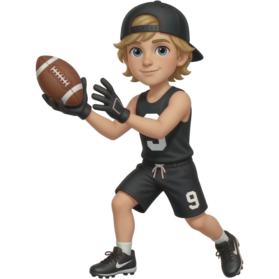 White skin teenager boy with black skullcap with blonde medium hair black tank top with white number 9 black shorts number 9 Nike cleats catching the footbal black gloves emoji