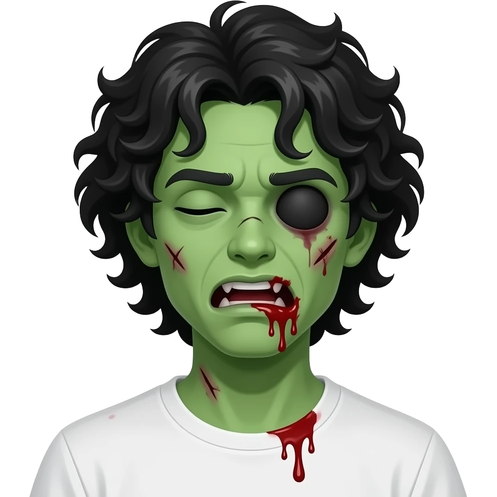 low quality, green skin zombie, black long curly 3c type hair, mouth slightly open with blood leaking out of mouth, wounds and cuts on zombie, white regular tee shirt, a young teenager, no wrinkles on face at all, eyes blacked out all the way with one eye shut, a ton of blood, one eye shut emoji