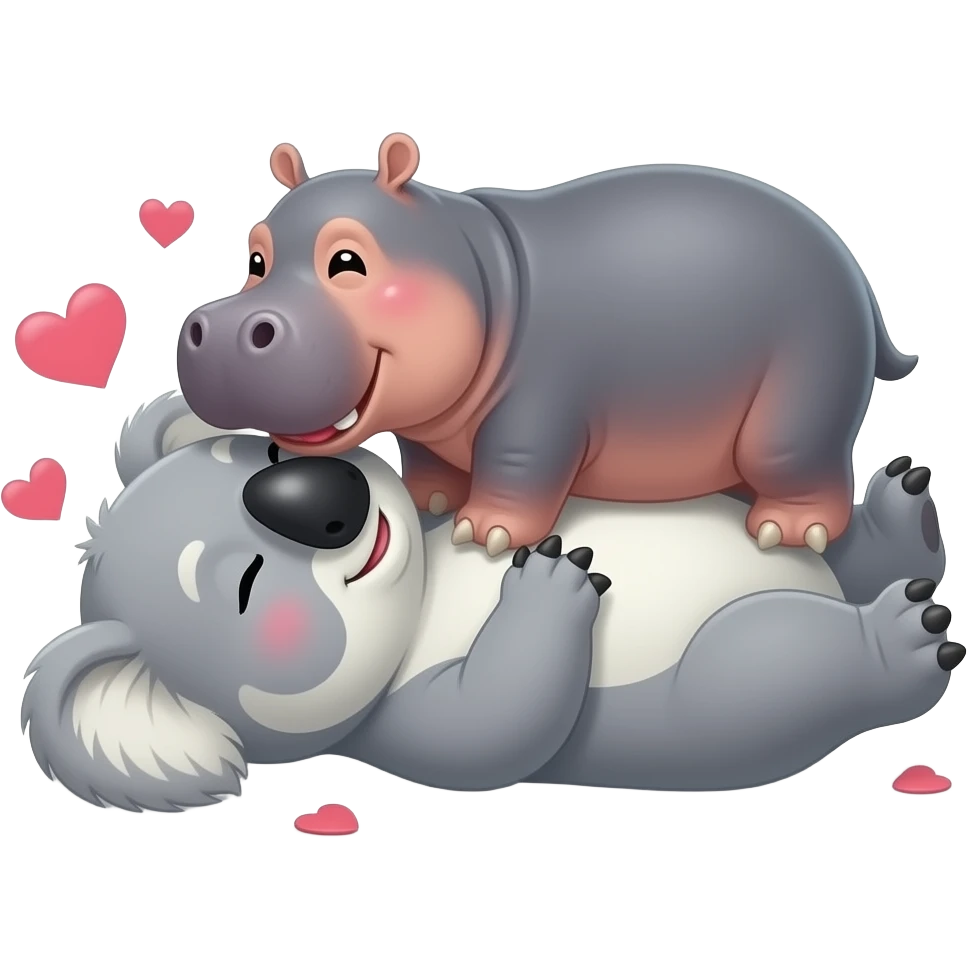 koala laying on back.hearts.  Hippo kiss koala. Koala on bottom   Hippo laying on top of it. Hippo on stomach on top. Koala legs wrapped around hippo. Best friends snuggling.  Koala legs fully wrapped all around entire hippo closely. Hippo legs touching ground. emoji