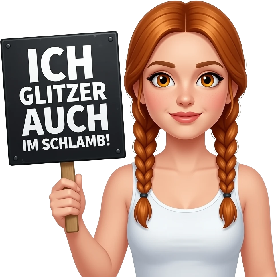 sexy girl with long ginger braids and ginger eyes wearing a white tanktop is holding a black sign with ICH GLITZER AUCH IM SCHLAMM! written on it emoji