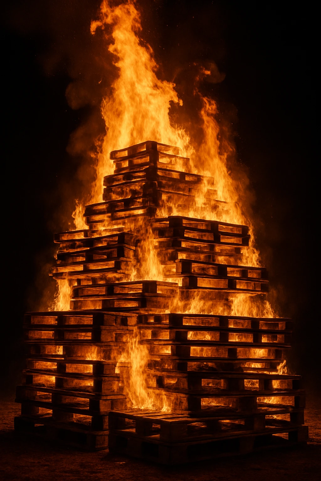 a large bonfire made from stacked pallets, flames engulfing the wood, dramatic, glowing, rustic emoji