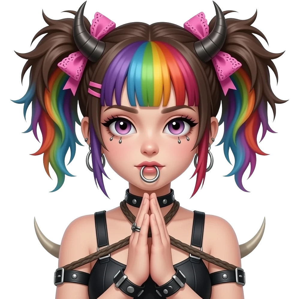 Baphomet babe with large bull ring and face piercings, messy, washed-out rainbow dyed hair and overgrown brunette roots, styled into two matted, spiky, y2k/alt-fashion buns, styled with frilly girly pink hair bows and bondage while praying to her dear lord and daddy Lucifer down below emoji