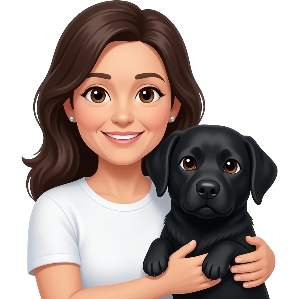 woman, 60s aged, long dark hair, small diamond earrings, brown eyes, cuddling black labrador, white t-shirt emoji