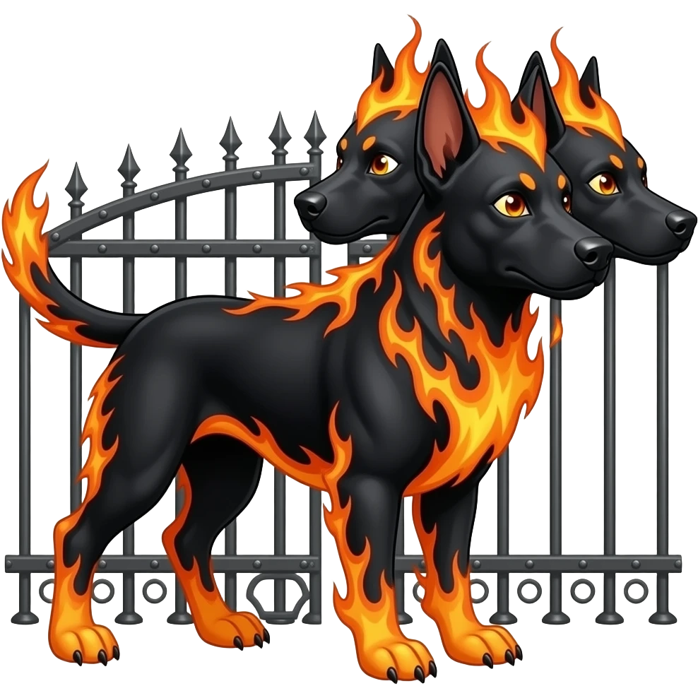 cinematic - cerberus, a three-headed black flaming dog that guards the gates of the underworld emoji