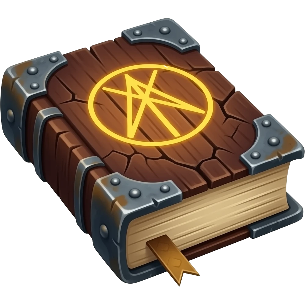 🛡️ An open, ancient-style tome, bound in dark wood, with glowing rune pages. emoji