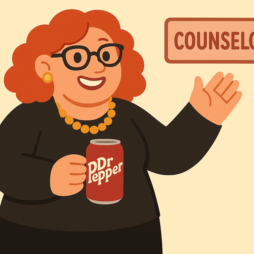 Add jewelry including earrings and a necklace, dress her in black clothes, and put a Dr Pepper soda in her hand. Keep her fun and approachable in the style of the original image. emoji