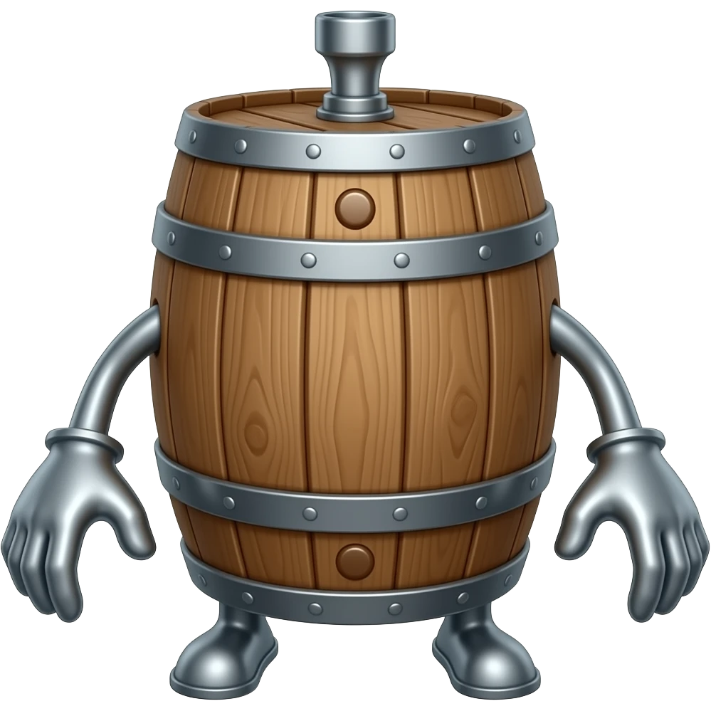 A barrel with legs and hands and a head . The head has to be in the top. The hands and feets and head has to be made out of metal. The body has to be a wood barrel emoji