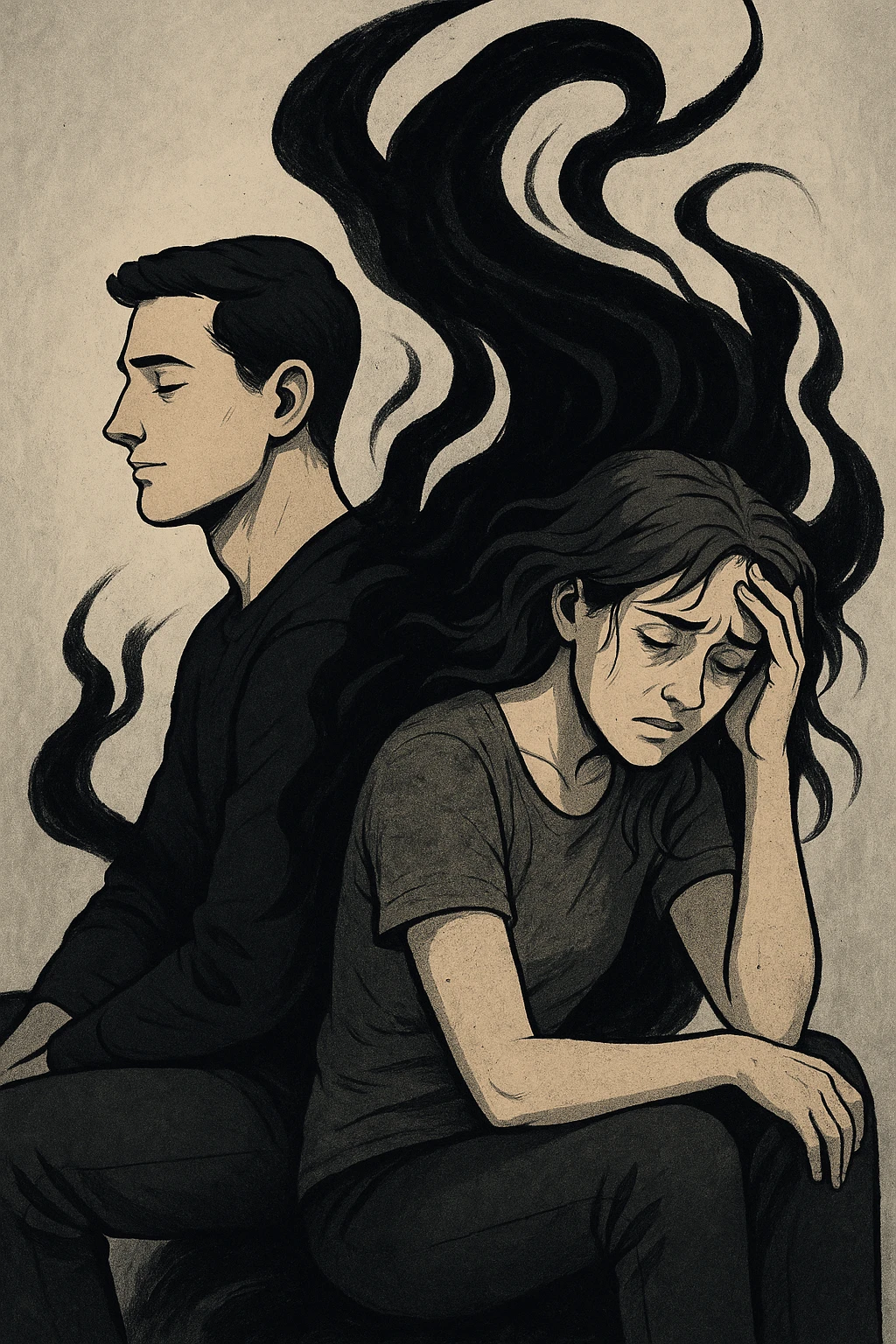 Vertical format: A man and a woman sitting back to back, a dark energy flow starting from the man and wrapping around the woman, she has an exhausted expression. emoji